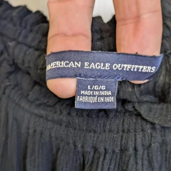 AEO On Or Off Shoulder Pink and Black Floral Embroidered Boho Puff Sleeved Top - Picture 6 of 7